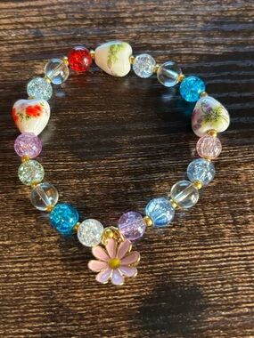 Handmade Floral Heart Beaded Stretch Bracelet Pink Daisy Charm Cottagecore
